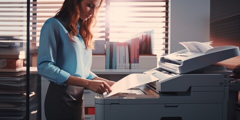 girl in the office uses a copy machine Generative AI - obrazy, fototapety, plakaty