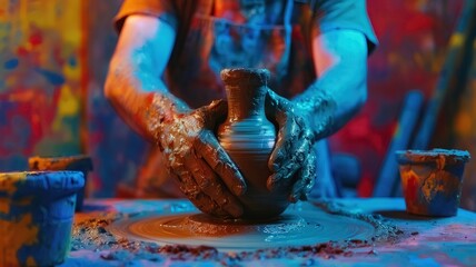 The man is enjoying his hobby of making pottery as he shapes a clay vase on a spinning wheel in his workshop, with his hands covered in clay
