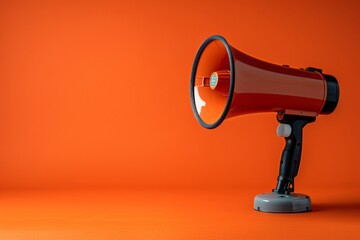 Bright orange background with a 3D rendered megaphone in the foreground, conveying a message of communication and leadership