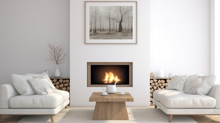 sofas against fireplace. Country style home interior design