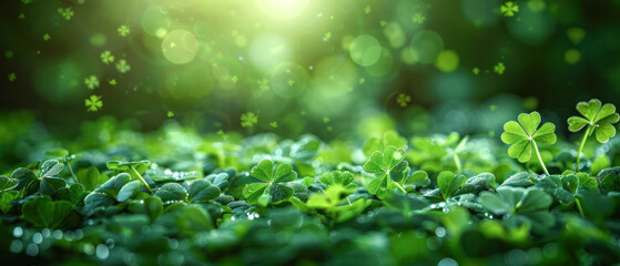 Green clover leaves with dew drops. Green clover leaves in sunlight.Generative AI - obrazy, fototapety, plakaty