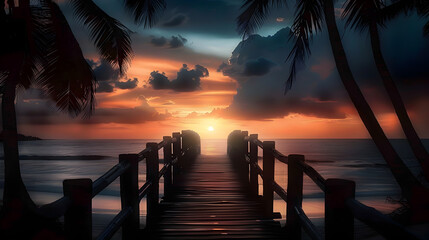 Fototapeta na wymiar Beautiful sunset scenery in beach, very dark evening, wooden bridge going to the sea