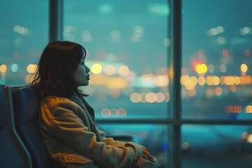 Woman Sitting in Airport, Gazing at Night City Lights Through Window, Contemplating Journey Ahead