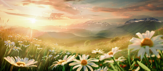 Beautiful pastoral landscape at sunset with a blooming field of daisies in grass on a hilly area