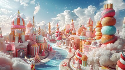 A candy and sweet themed fantasy world with attractive and bright multi-colored buildings and...