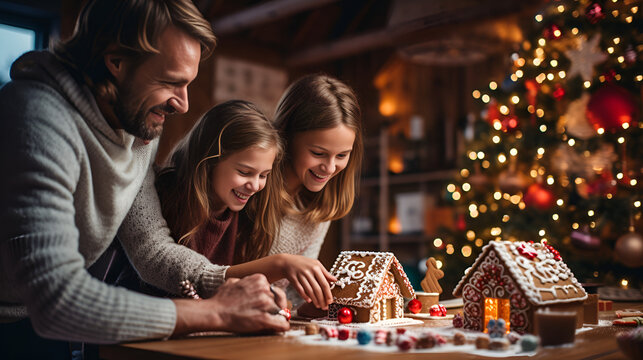 A family engages in the festive activity of decorating gingerbread houses, creating edible works of art that become a centerHappy kid playing at home in christmas and new year 2024 holiday comeliness, - Powered by Adobe