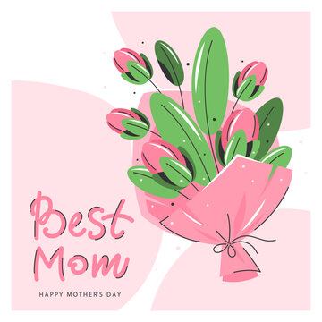 Greeting card for Mothers Day. Lettering Best Mom. Bouquet with spring flowers. Vector illustration