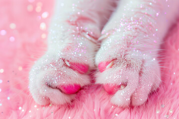 close up of glitter pink cat paws, pink background