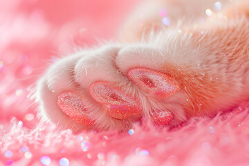 close up of glitter pink cat paws, pink background