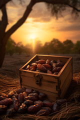Dates harvested in a wooden box in a plantation with sunset. Natural organic fruit abundance. Agriculture, healthy and natural food concept. Vertical composition.