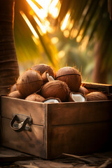 Coconuts harvested in a wooden box in a plantation with sunset. Natural organic fruit abundance. Agriculture, healthy and natural food concept. Vertical composition.
