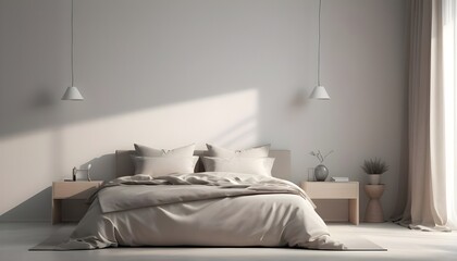 Fototapeta na wymiar Minimal Scandinavian contemporary bedroom with sunlight. Simplistic Home