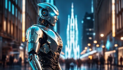 A highly advanced robot patrols a futuristic cityscape at twilight, embodying the intersection of urban life and artificial intelligence.
