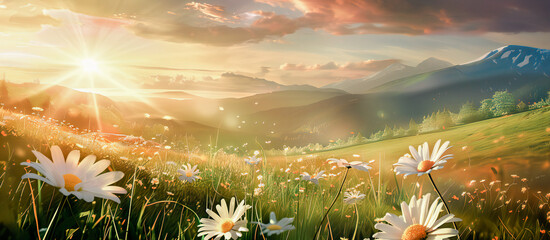 Beautiful summer pastoral landscape at sunset with a blooming field of daisies in grass on a hilly area - obrazy, fototapety, plakaty