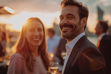 Romantic Couple Holding Wine Glasses at Outdoor Sunset Event in Nature Backdrop to Celebrate Together