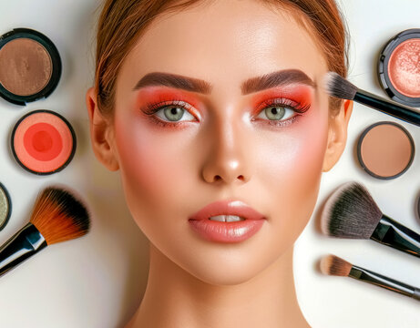 Close-up of a woman's face surrounded by makeup accessories, highlighting her vibrant eye makeup