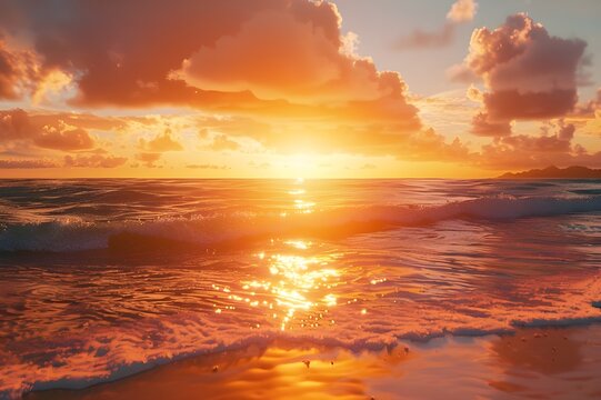 Sunset Serenity: A breathtaking sunset over a tranquil beach, with warm hues reflecting on the calm waves.

