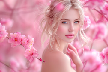 Obraz na płótnie Canvas beautiful woman On spring pink nature background.