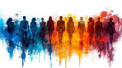 Silhouettes of a group of business people in front of a colorful background
 - obrazy, fototapety, plakaty