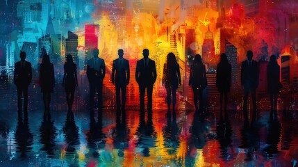 Silhouettes of a group of business people in front of a colorful background
