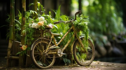 Fototapeta na wymiar An old bicycle repurposed as a charming plant display, adorned with lush greenery and white flowers, nestled amongst bamboo stalks