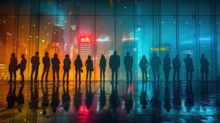 Silhouettes of a group of business people in front of a colorful background
