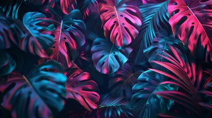 a mesmerizing scene of dark green tropical leaves illuminated by colorful neon lights, casting enchanting backlight shadows