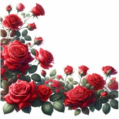 bouquet of red roses in the corner of the card