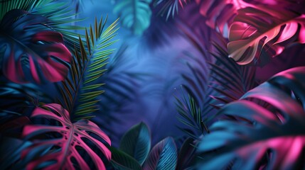 Fototapeta na wymiar a mesmerizing scene of dark green tropical leaves illuminated by colorful neon lights, casting enchanting backlight shadows