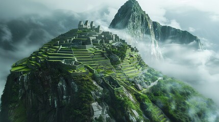 The majestic ruins of an Incan citadel perched high atop a mist-shrouded mountain, with terraced gardens cascading down its slopes. - obrazy, fototapety, plakaty