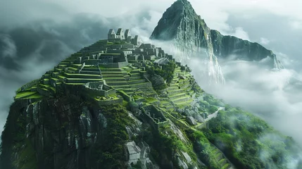 Fotobehang The majestic ruins of an Incan citadel perched high atop a mist-shrouded mountain, with terraced gardens cascading down its slopes. © ZQ Art Gallery 