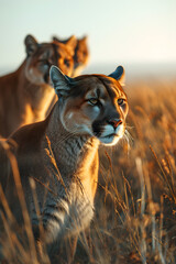 Puma family in the savanna with setting sun shining. Group of wild animals in nature.