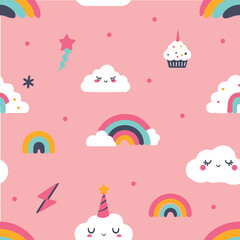 Seamless pattern with cute rainbows, clouds, hearts and stars