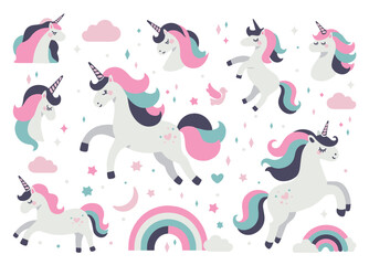 Seamless pattern with cute unicorns, vector image of 6 colors, suitable for silk screen printing