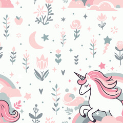 Seamless pattern with cute unicorn, rainbows, florals, hearts and stars, vector image of 6 colors, suitable for silk screen printing