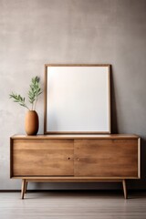 Wooden cabinet, dresser against concrete wall mock up poster
