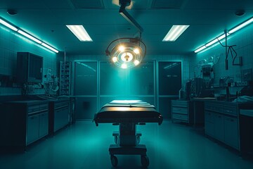 Medical surgical operating room with overhead light shining on table and various medical equipment