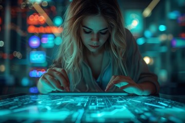 Woman working on computer in dark room with neon lights in background, concept of modern technology and digital lifestyle