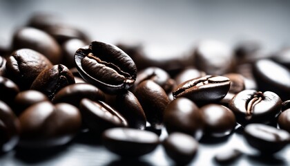 Close-up of roasted coffee beans with a depth of field, capturing the texture and richness ideal...