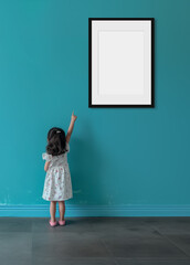 mockup de cadre vierge sur un mur turquoise avec une petite fille qui le montre du doigt