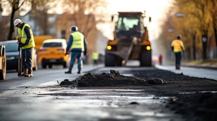 Worker are laying new asphalt road pavement in residential area. - obrazy, fototapety, plakaty