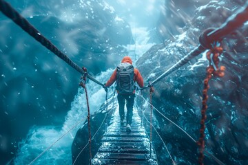 Adventurous Person Crossing a Suspended Bridge in a Misty Mountainous Landscape with Dramatic Lighting - obrazy, fototapety, plakaty