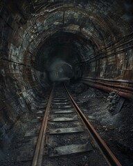 Fototapeta na wymiar Abandoned subway tunnel with tracks leading into darkness