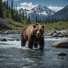 Design a bear image featuring a majestic grizzly against the backdrop of rugged mountain peaks, with snow-capped summits and cascading waterfalls. Depict the bear in its element, roaming across rocky 