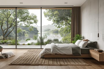 A bedroom with a large window overlooking a lake