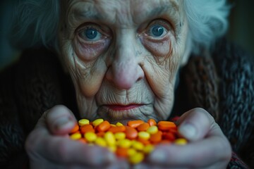 Happy elderly woman holding a bowl of colorful candies in front of her face