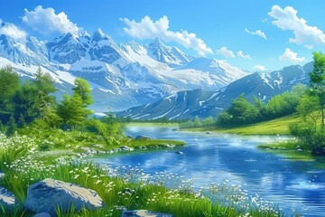 Fototapeta premium A beautiful mountain landscape with a river flowing through it