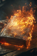 An old book with hard covers engulfed in bright orange flames, set against a dark, smoky background with embers flying around, conveying a sense of mystery or forbidden knowledge being destroyed.