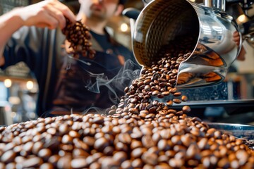 Fototapeta na wymiar Fresh Roasted Coffee Beans Pouring from Roaster with Visible Steam in a Local Café Environment