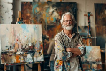 Senior Male Artist Posing in Art Studio Surrounded by Colorful Abstract Paintings on Canvases